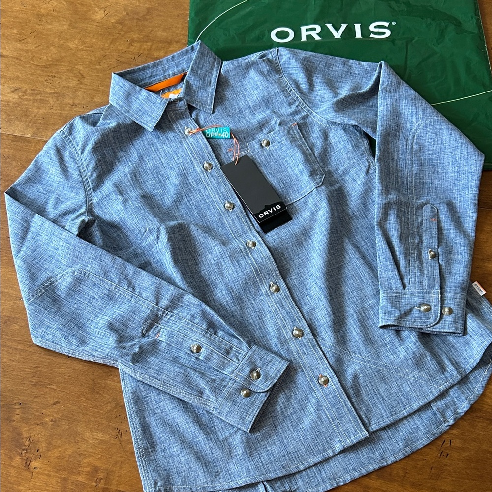 NWT Orvis Collared Blue Chambray Shirt UPF 40 Outdoor Performance, Size XS